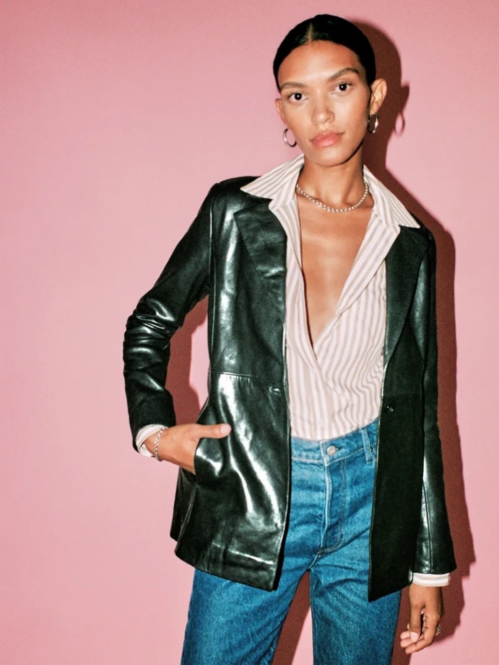 Reformation x Veda Bowery Leather Blazer in Black size XS